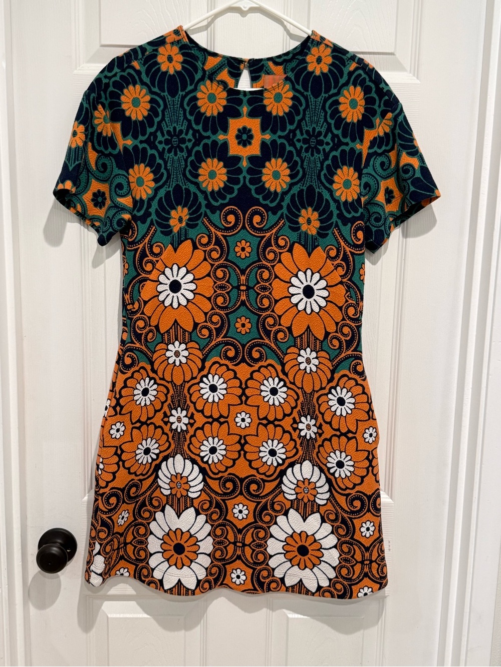 Anthropologie Retro Floral Midi Dress in Orange, Green and White